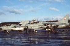A view of two A-7 Corsair II aircraft on the ramp during the US 3rd Fleet North Pacific Exercise (NORPACEX). The joint Air Force and Navy exercise not only provides training for fighter pilots and tactical controllers, but also tests the ability of those services to operate together for the defense of Alaska.