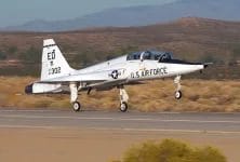 EDWARDS AIR FORCE BASE, Calif. -- A T-38 Talon takes off from here with only one engine during single-engine takeoff testing. The high-risk testing the aircraft is undergoing will help determine the safest single engine takeoff speed for the aircraft if an engine fail during takeoff. (U.S. Air Force photo by Chad Bellay)